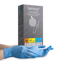 Перчатки нитриловые неопудренные нестерильные смотровые Benovy L, голубые, 100 пар